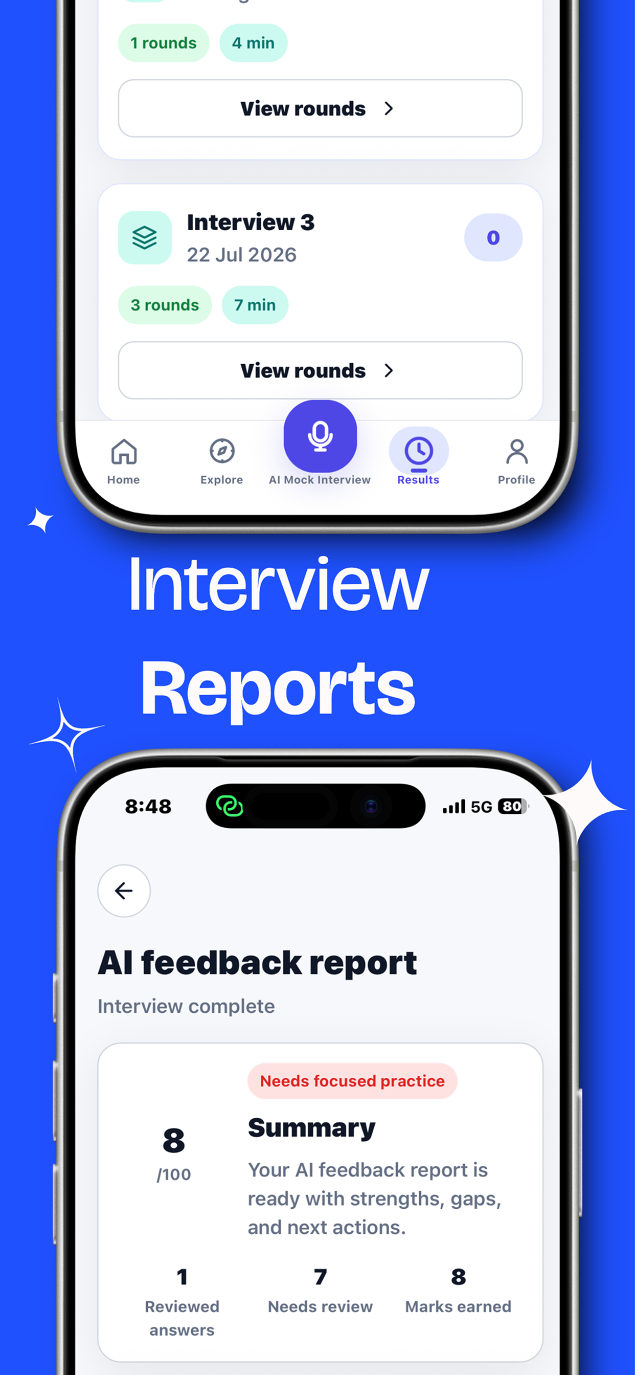 IntervioAI interview reports app screen